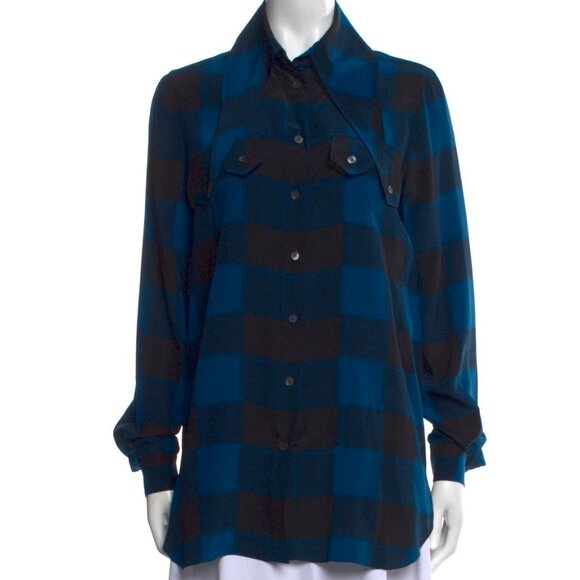 Tod's Button-Down Elaborate Collar Shirt | Blue & Black Plaid | Size IT 38 US 4 - Picture 2 of 10